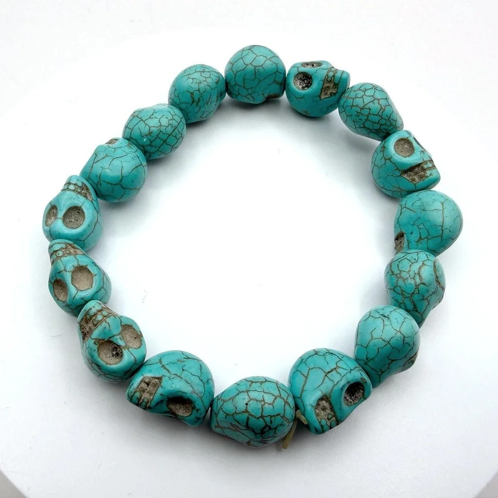 Vintage Turquoise Howlite‎ Skull Stretch Bracelet Halloween Gothic 7.5 Y2K 90s